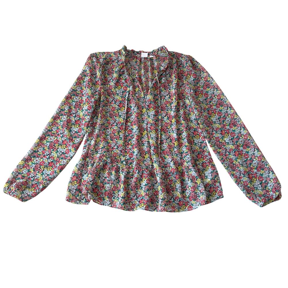 GAP Floral Peplum Blouse XS Long Sleeve Tie Neck Boho Top
